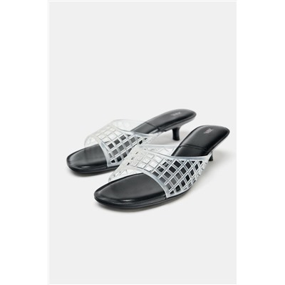 RUBBERISED-EFFECT KITTEN HEEL MULES