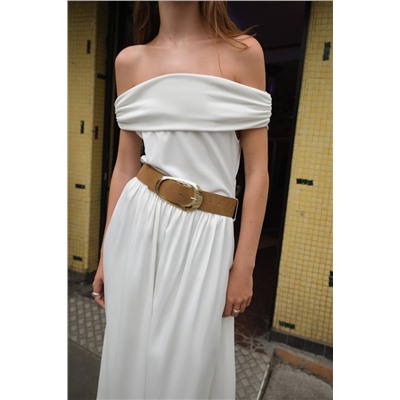 OFF-THE-SHOULDER CONTRAST MIDI DRESS WITH BELT