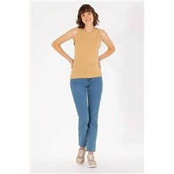 Kadın Camel Bisiklet Yaka Kolsuz Basic Tişört