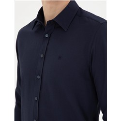 Lacivert Slim Fit Armürlü Uzun Kollu Gömlek