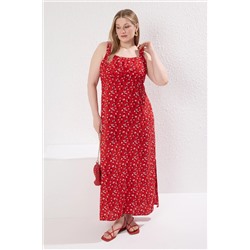 Trendyol Curve Kırmızı Kare Yaka Çiçek Desenli Midi Dokuma Büyük Beden Elbise TBBSS25AH00039