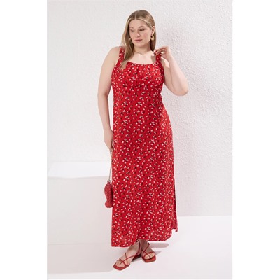 Trendyol Curve Kırmızı Kare Yaka Çiçek Desenli Midi Dokuma Büyük Beden Elbise TBBSS25AH00039