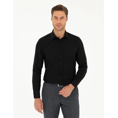 Siyah Slim Fit Armürlü Uzun Kollu Gömlek