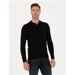 Siyah Slim Fit Polo Yaka Basic Triko Kazak