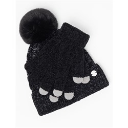 LADIES POM POM FLEECE BEANIE AND GLOVE SET