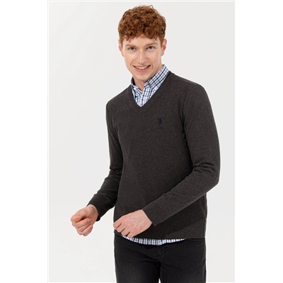 Erkek Antrasit Melanj V - Yaka Basic Triko Kazak