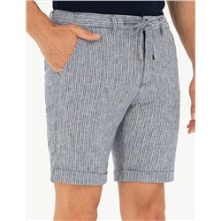 Açık Lacivert Slim Fit Keten Karışımlı Beli Lastikli Bağcıklı Dokuma Şort