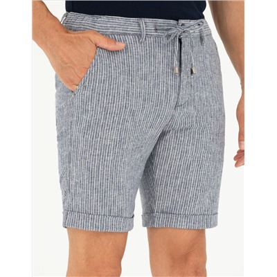 Açık Lacivert Slim Fit Keten Karışımlı Beli Lastikli Bağcıklı Dokuma Şort
