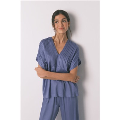 Pijama largo azul escote plisado
