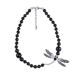 Колье Стрекоза (эмаль серая, черная, агат; покрытие матовый родий) 62см, Есть комплект