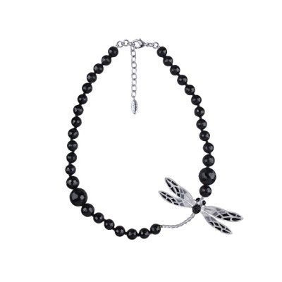 Колье Стрекоза (эмаль серая, черная, агат; покрытие матовый родий) 62см, Есть комплект
