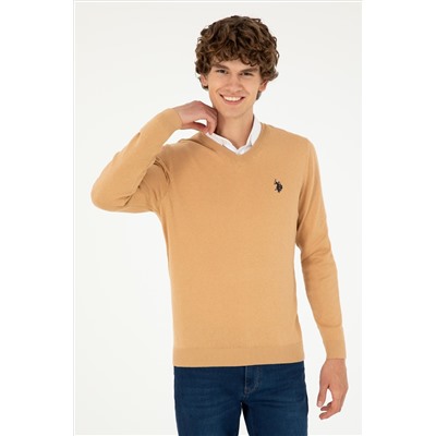Erkek Slim Fit V Yaka Camel Melanj Basic Kazak