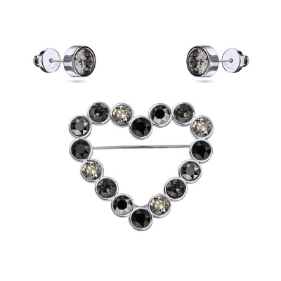 Комплект Сердце (кристаллы SW темно-серые, микс 6мм; покрытие родий), Есть комплект