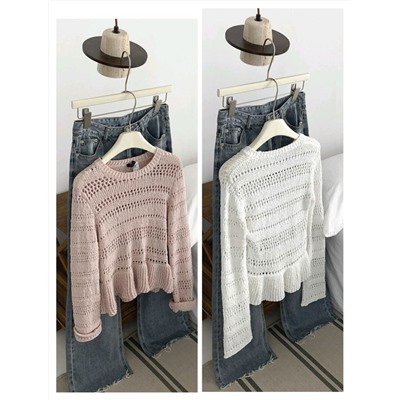 Милый женский вязаный ажурный пуловер с баской Н*М