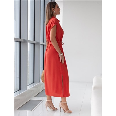 Длинное платье-рубашка с поясом и разрезами изо льна с вискозой