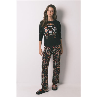 Pijama largo 100% algodón "Día de muertos" negro