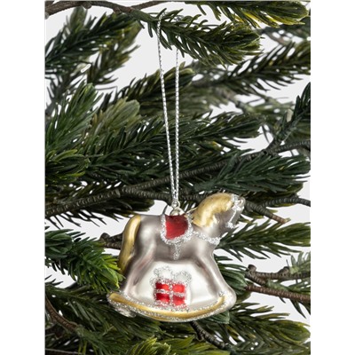 Игрушка елочная, 4 см, стекло, серебристая, Лошадка-качалка, Bright horse