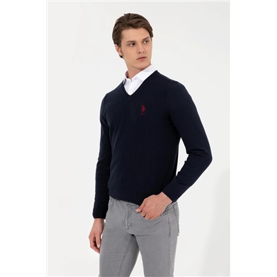 Erkek Lacivert V - Yaka Basic Triko Kazak