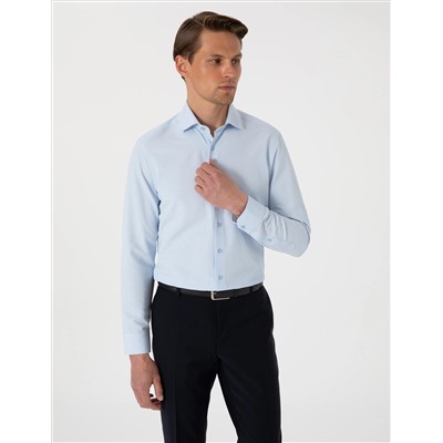 Açık Mavi Slim Fit Uzun Kollu Armürlü Gömlek