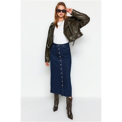 TRENDYOL MODEST İndigo Düğme Kapamalı Denim Kot Etek TCTSS23EE00024