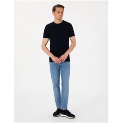 Lacivert Slim Fit %100 Pamuk Bisiklet Yaka Triko Tişört