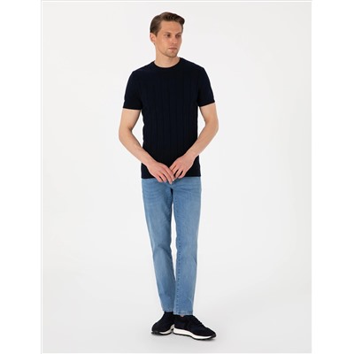 Lacivert Slim Fit %100 Pamuk Bisiklet Yaka Triko Tişört