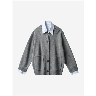 Женский шерстяной кардиган с эффектом многослойности (съёмные манжеты и воротник с застёжкой планкой рубашки)  МО*КО