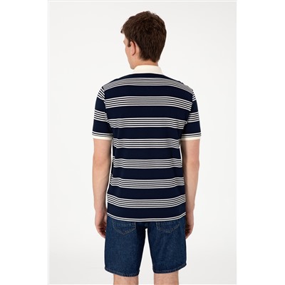 Erkek Regular Fit Polo Yaka Lacivert Çizgili Tişört