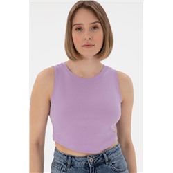 Kadın Lila Kolsuz Bisiklet Yaka Crop Basic Tişört