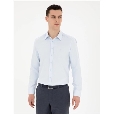Açık Mavi Slim Fit Armürlü Uzun Kollu Gömlek
