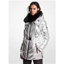 MICHAEL MICHAEL KORS Faux Fur Trim Chevron Quilted Nylon Belted Puffer Coat