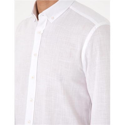 Beyaz Keten Görünümlü Slim Fit Uzun Kollu Gömlek