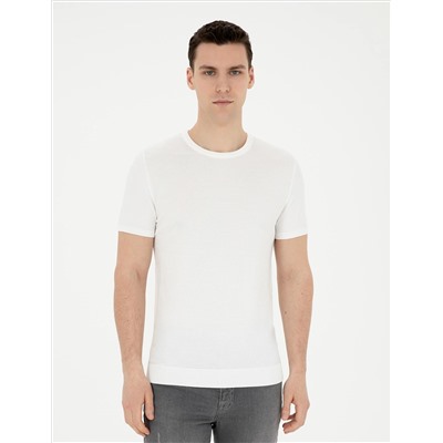 Beyaz Slim Fit Bisiklet Yaka Triko Tişört