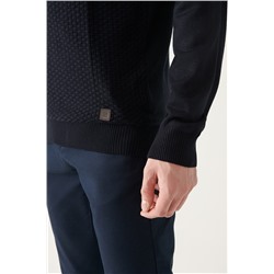 Lacivert Bisiklet Yaka Önü Dokulu Regular Fit Triko Kazak