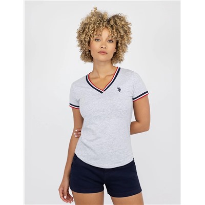 V-NECK SIGNATURE STRIPE TRIM T-SHIRT