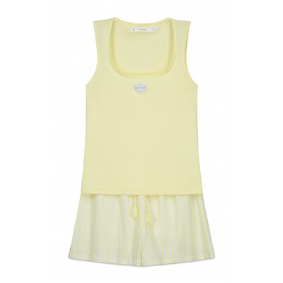 Pijama corto algodón amarillo escote cuadrado