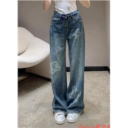 Весенние свободные прямые джинсы из выстиранного хлопка с принтом СЕЛИ*Н