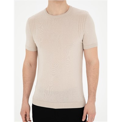 Bej Slim Fit Bisiklet Yaka Triko Tişört