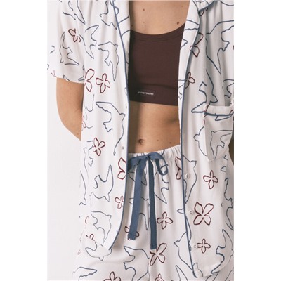 Pijama camisero algodón blanco estampado pájaros