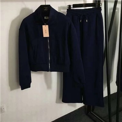 Miumi*, новый спортивный костюм, воротник-стойка с вышитой буквой, куртка на молнии с длинными рукавами + повседневные широкие брюки, коричневый, синий, SML [размер M; ширина плеч 53, обхват груди 104, длина рукава 53, длина одежды 50; Талия 64, резинка, длина 104]