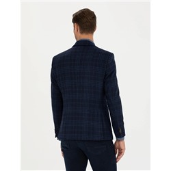 Lacivert Yün Kaşmir Karışımlı Ekose Ceket