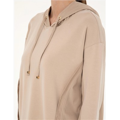 Bej Oversize Kapüşonlu Modal Kumaş Sweatshirt