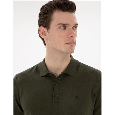 Haki Slim Fit Düğmeli Polo Yaka Triko Tişört
