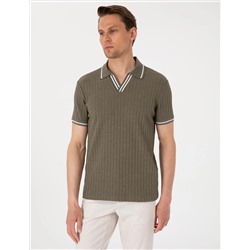 Haki Slim Fit Örme Dokulu Polo Yaka Tişört
