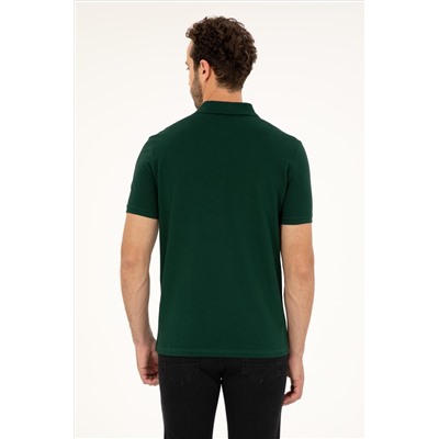 Erkek Slim Fit Polo Yaka Koyu Yeşil Basic Tişört
