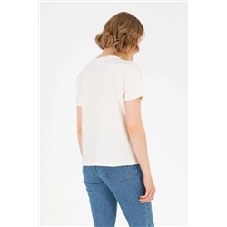 Kadın Krem Bisiklet Yaka Tişört