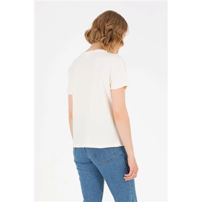 Kadın Krem Bisiklet Yaka Tişört