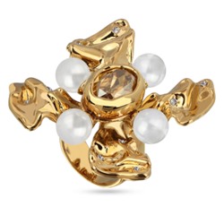 Кольцо Грациоза (кристаллы SW шампань, Майорка белая; покрытие золото), Есть комплект