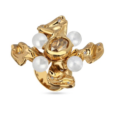 Кольцо Грациоза (кристаллы SW шампань, Майорка белая; покрытие золото), Есть комплект