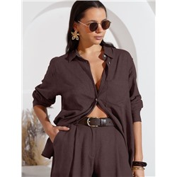 Свободная удлиненная блузка с карманом изо льна с вискозой